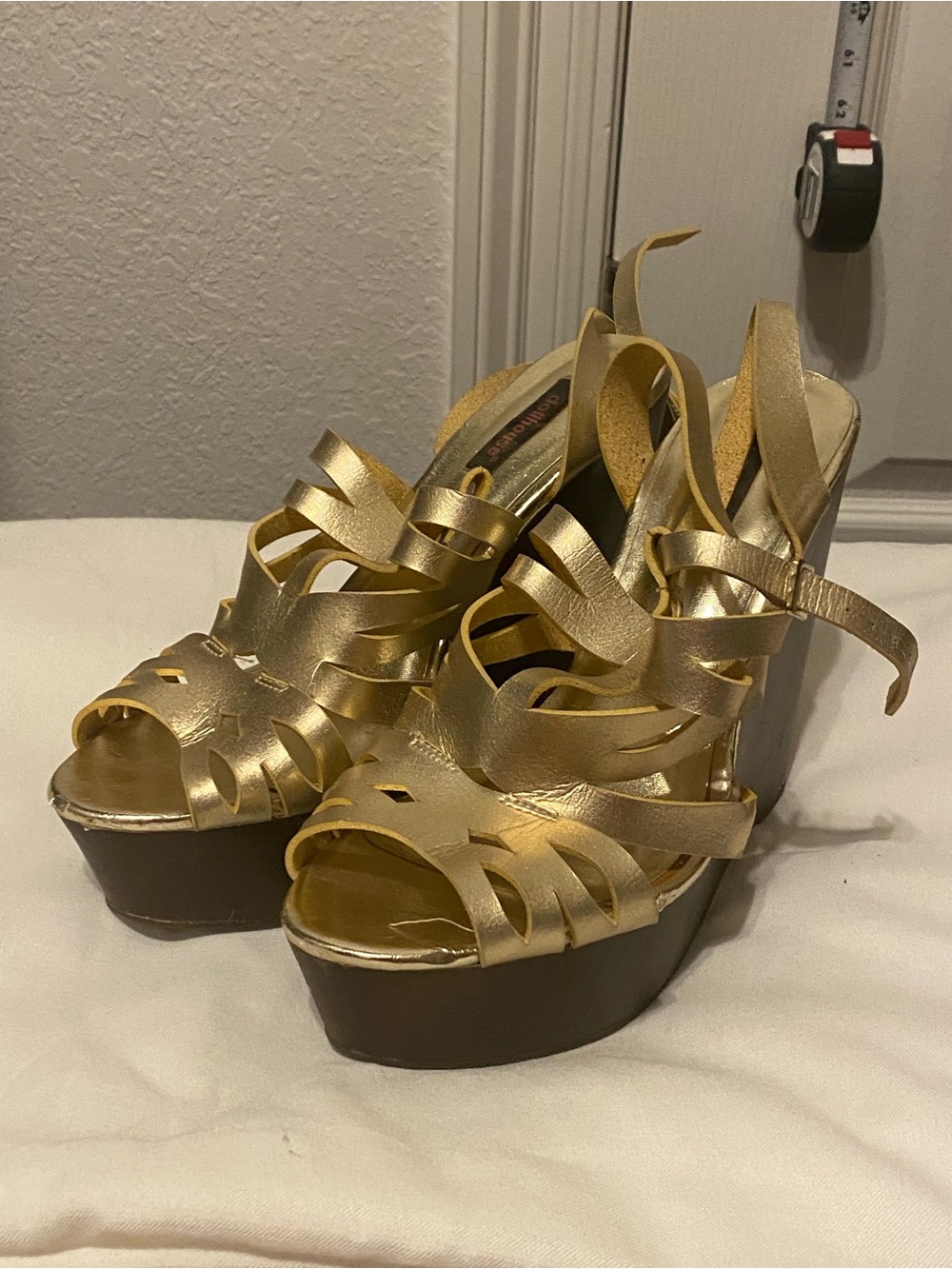 Dollhouse Metallic Gold Strappy Platform Wedges